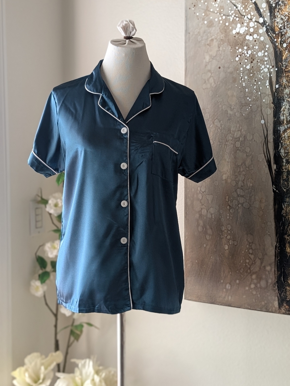 Short Sleeve Satin Pajama Top in Dark Blue with Contrast Piping